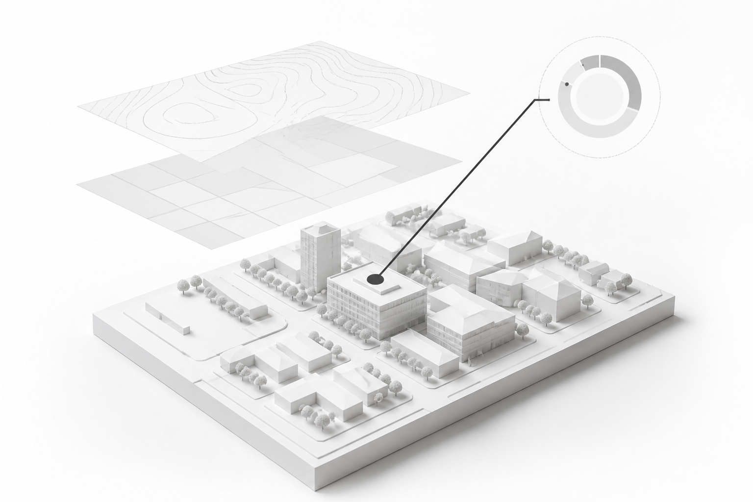 ABOUT_Method_01_Analyse_3x2 Spatial analysis layers converging on a key decision point within an architectural site model.