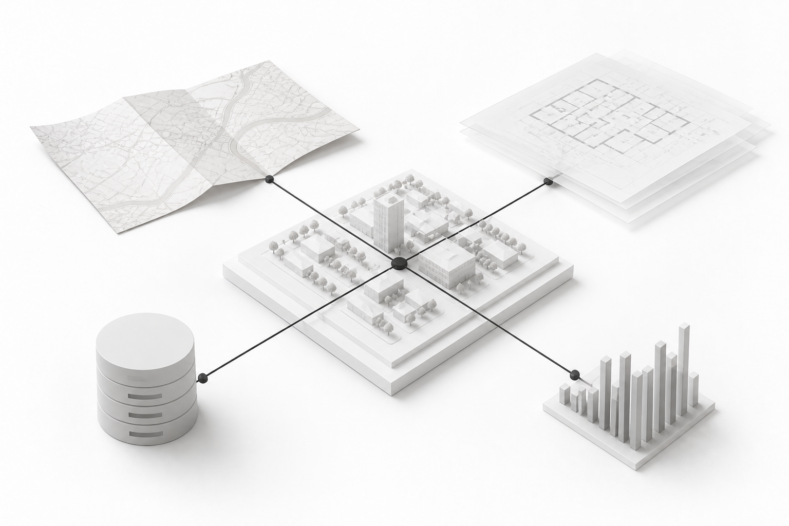 ABOUT_Method_02_Connect_3x2 Spatial, operational, financial and market evidence connected around a central development model.