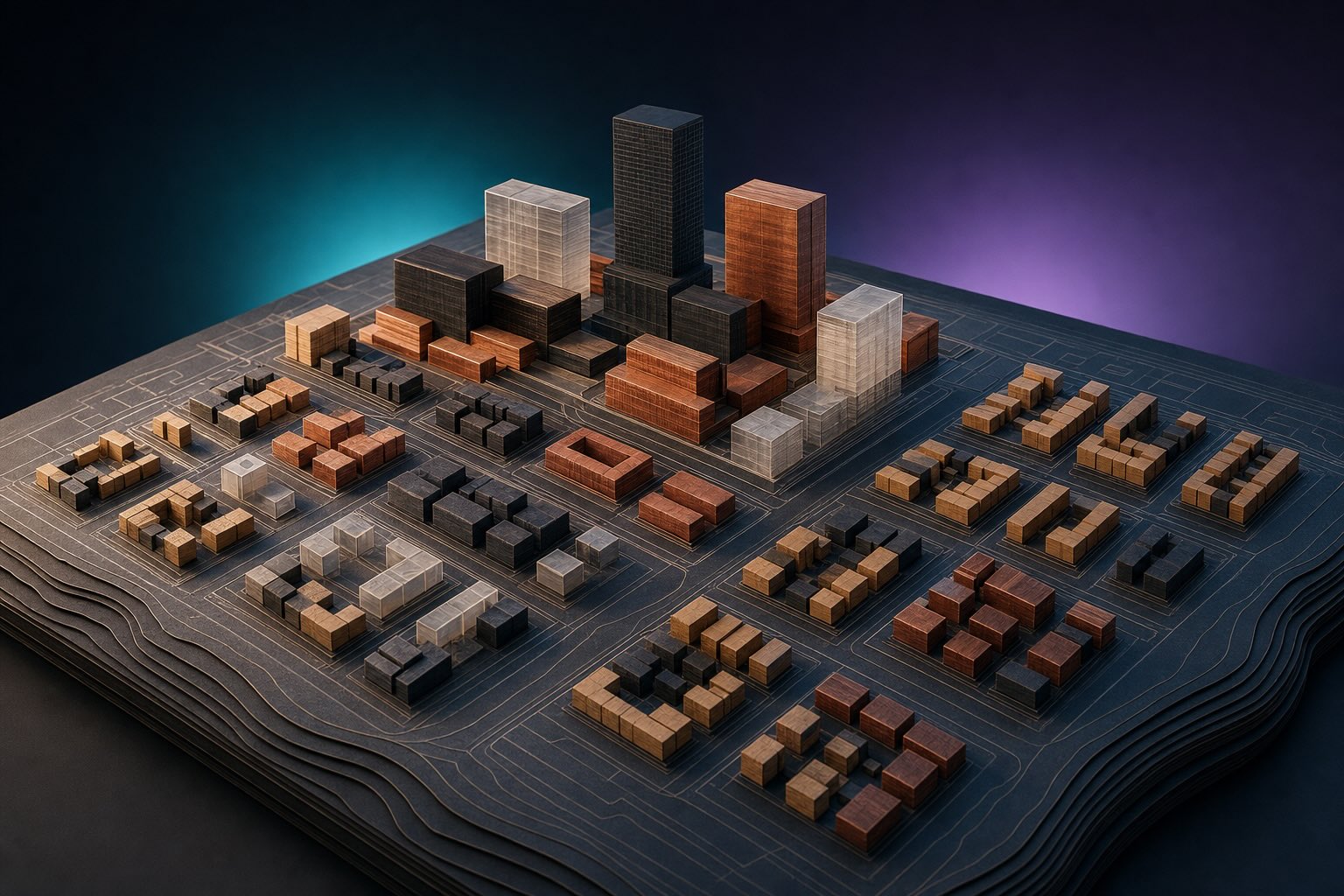 3D urban model illustrating alternative building densities, forms and development scenarios.