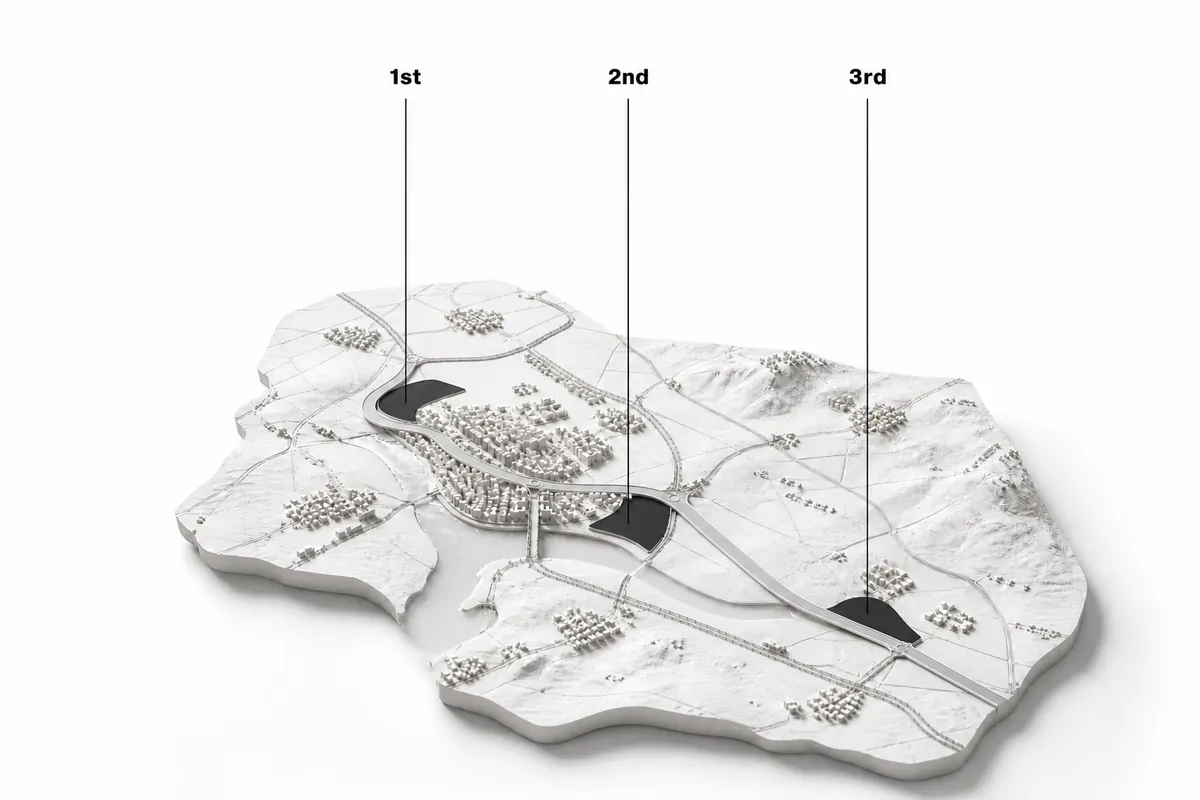 Urban scale model comparing three candidate parcels ranked along a major infrastructure corridor.