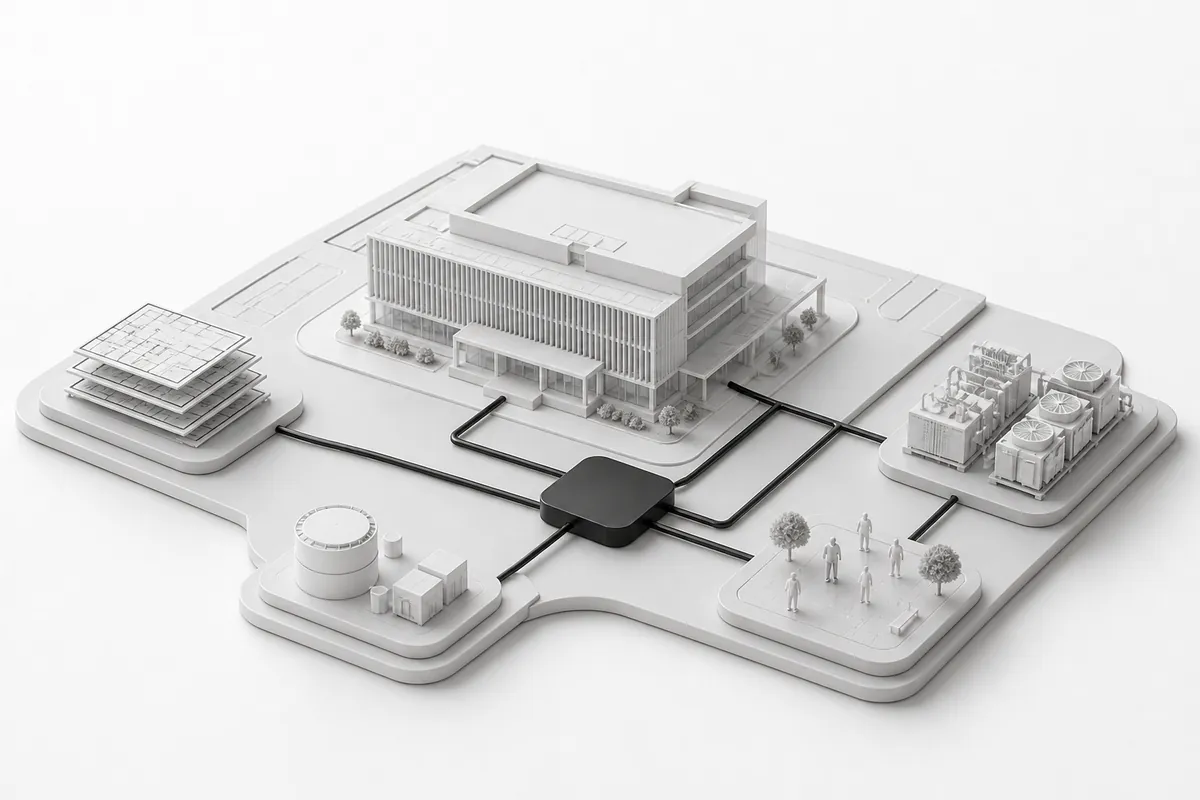 Building scale model connecting asset information, IWMS, maintenance systems and users.