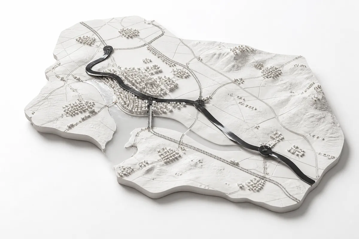 Territorial scale model showing an urban centre, infrastructure and a strategic development corridor.
