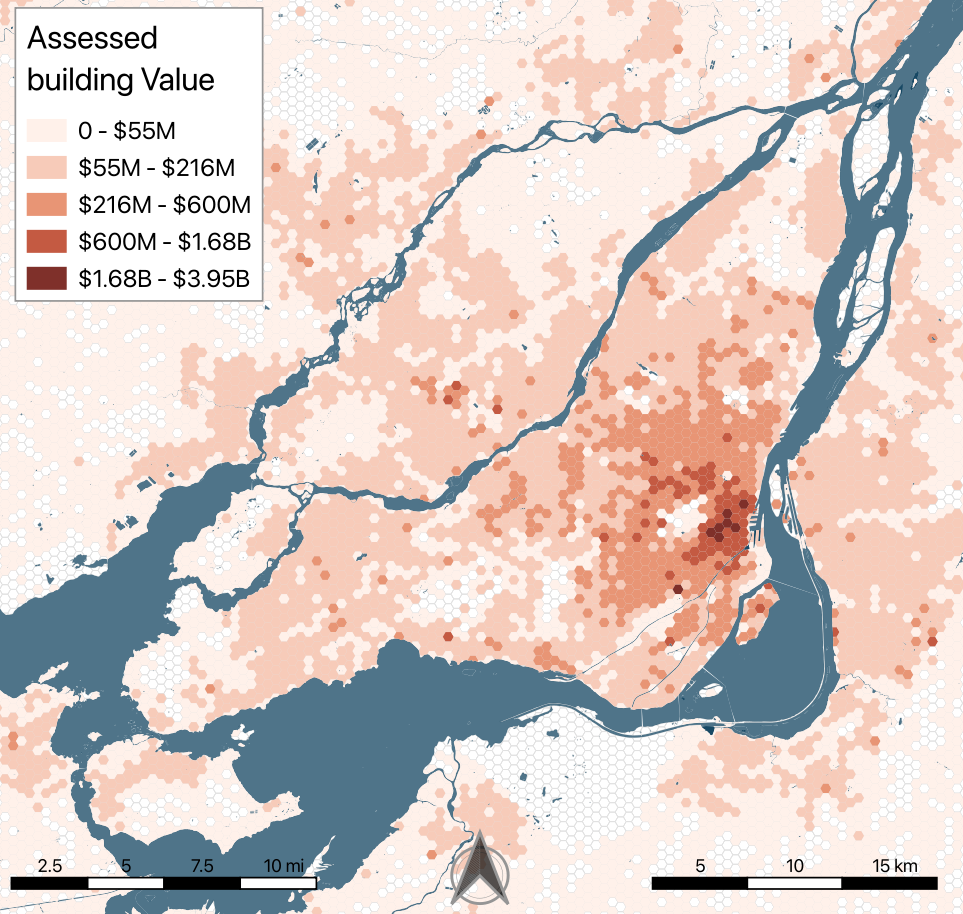 Paper_00_3 Map of Greater Montréal showing assessed building value by 500-metre hexagon, with the strongest concentrations across the central metropolitan area and established urban centres.