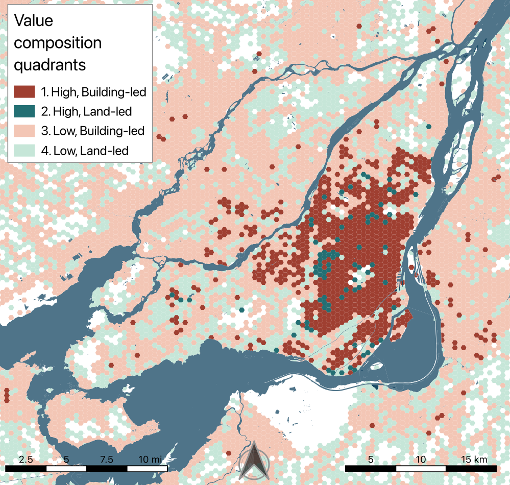 Paper_00_4.1_Legend Map of Greater Montréal classifying 500-metre hexagons into four regimes based on total assessed value and whether value is building-led or land-led. High-value building-led cells dominate the central metropolitan area, while high-value land-led cells are less common and more dispersed.